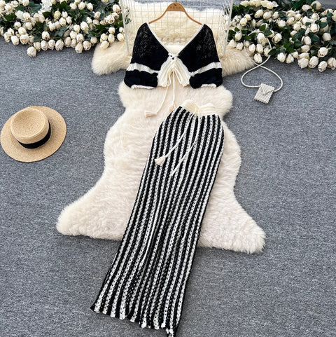 Short Outwear & Striped Skirt Knitted 2Pcs