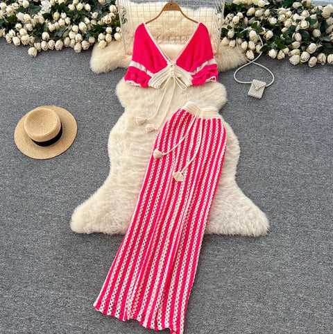 Short Outwear & Striped Skirt Knitted 2Pcs