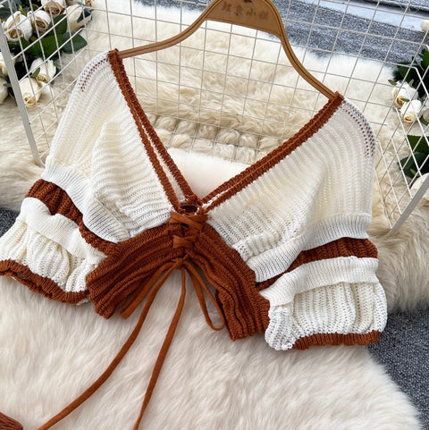Short Outwear & Striped Skirt Knitted 2Pcs