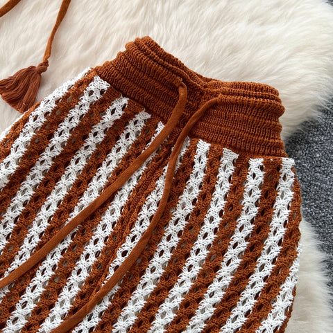 Short Outwear & Striped Skirt Knitted 2Pcs