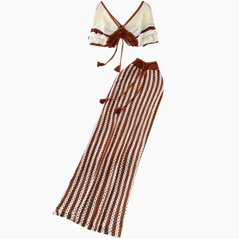 Short Outwear & Striped Skirt Knitted 2Pcs