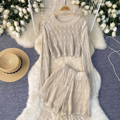 Striped Hollowed Knitwear & Shorts 2Pcs