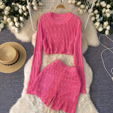 Striped Hollowed Knitwear & Shorts 2Pcs