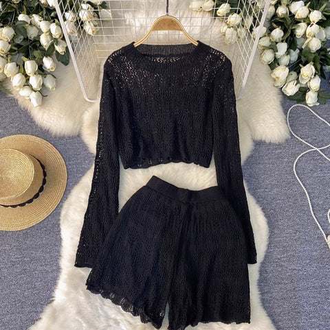 Striped Hollowed Knitwear & Shorts 2Pcs