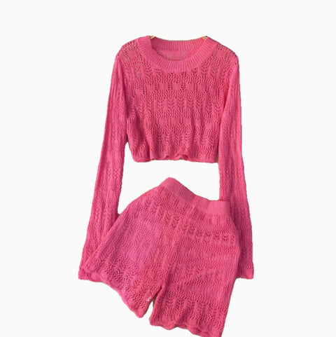 Striped Hollowed Knitwear & Shorts 2Pcs