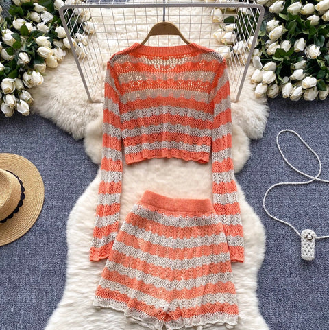 Striped Hollowed Knitwear & Shorts 2Pcs