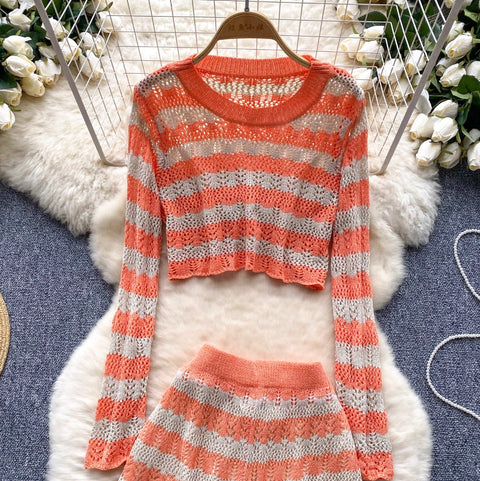 Striped Hollowed Knitwear & Shorts 2Pcs