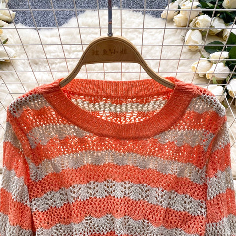 Striped Hollowed Knitwear & Shorts 2Pcs