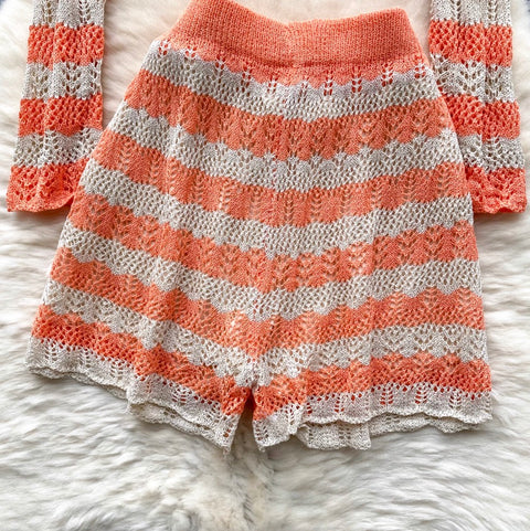 Striped Hollowed Knitwear & Shorts 2Pcs