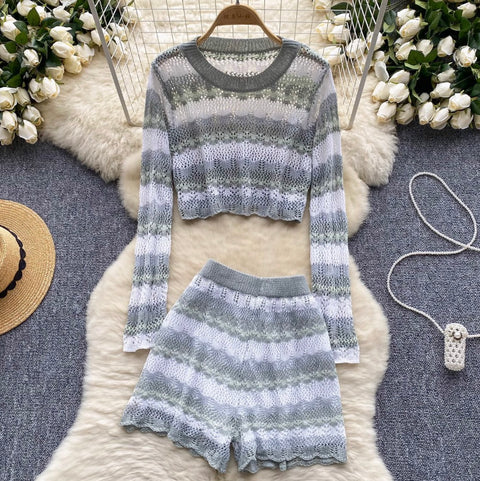 Striped Hollowed Knitwear & Shorts 2Pcs