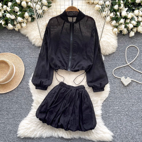 Drawstring Flak Jacket & Puffy Skirt 2Pcs