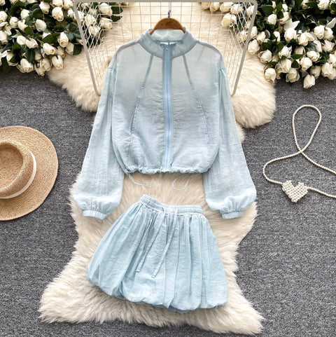 Drawstring Flak Jacket & Puffy Skirt 2Pcs