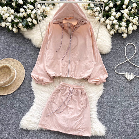 Hooded Jacket & A-line Skirt 2Pcs