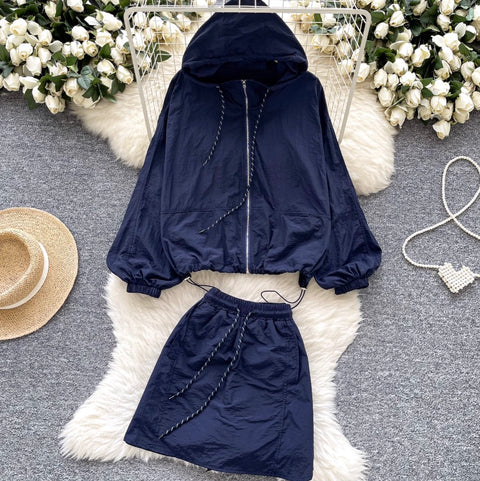 Hooded Jacket & A-line Skirt 2Pcs