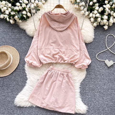 Hooded Jacket & A-line Skirt 2Pcs
