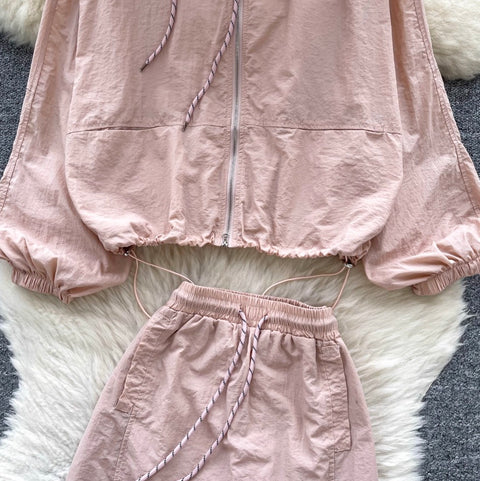 Hooded Jacket & A-line Skirt 2Pcs