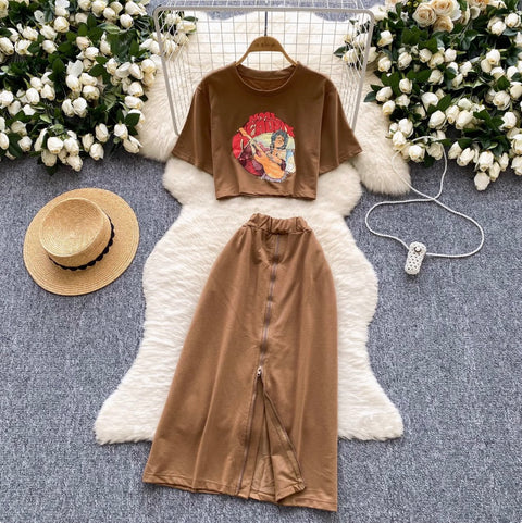 Painting Printed T-shirt & Split Skirt Set