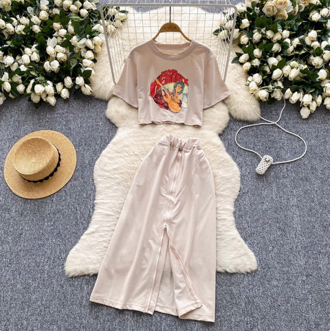 Painting Printed T-shirt & Split Skirt Set