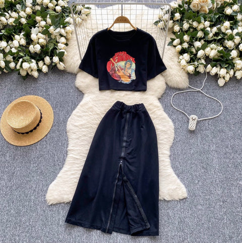Painting Printed T-shirt & Split Skirt Set