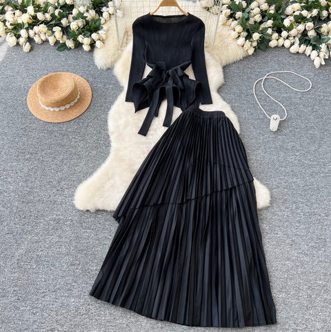 Irregular Design Top & Skirt Pleated 2Pcs