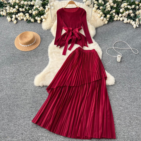 Irregular Design Top & Skirt Pleated 2Pcs