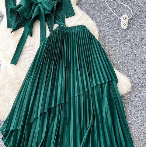 Irregular Design Top & Skirt Pleated 2Pcs