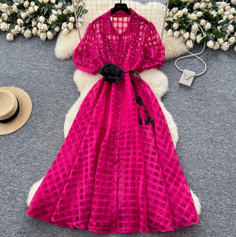 Rhinestone Studded Puffy Sleeve Shirt Dress