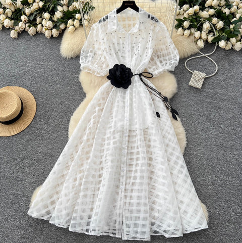 Rhinestone Studded Puffy Sleeve Shirt Dress