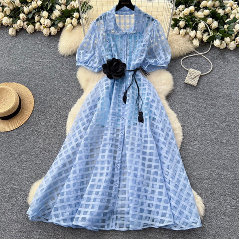 Rhinestone Studded Puffy Sleeve Shirt Dress