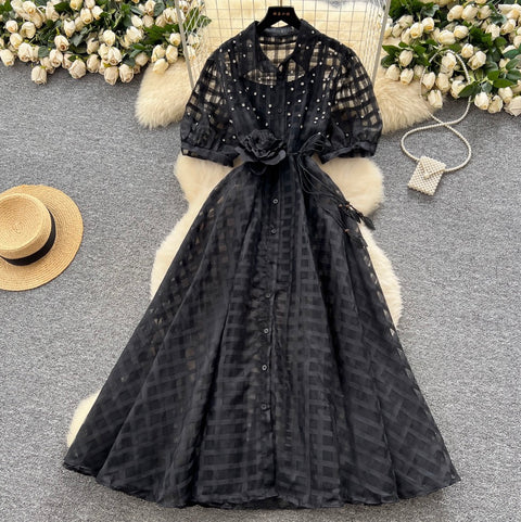 Rhinestone Studded Puffy Sleeve Shirt Dress