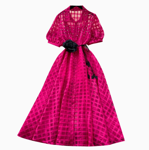 Rhinestone Studded Puffy Sleeve Shirt Dress