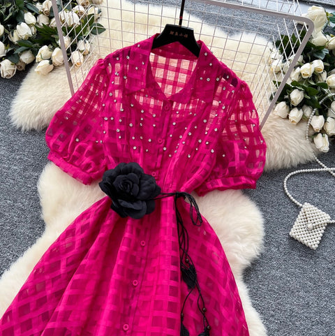 Rhinestone Studded Puffy Sleeve Shirt Dress