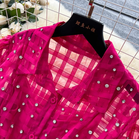 Rhinestone Studded Puffy Sleeve Shirt Dress
