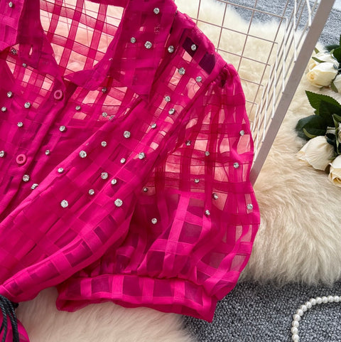 Rhinestone Studded Puffy Sleeve Shirt Dress