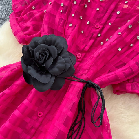 Rhinestone Studded Puffy Sleeve Shirt Dress