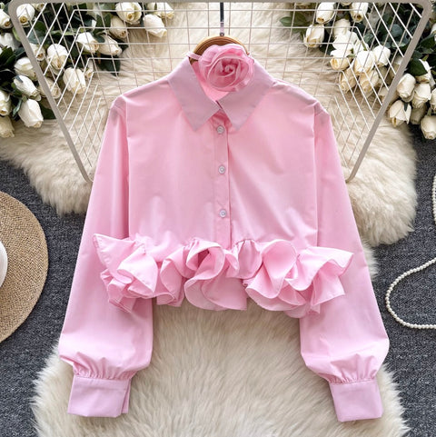 3D Ruffled Loose-fit Shirt with Ribbon