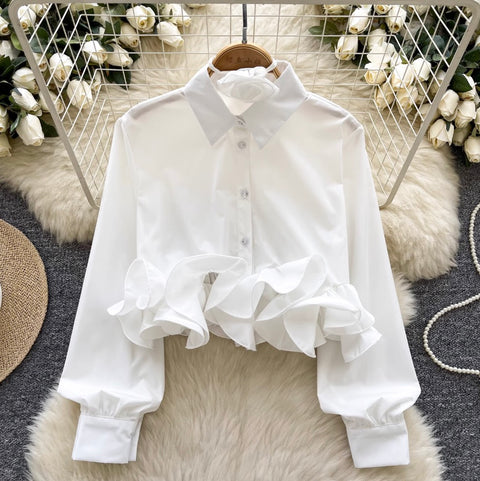 3D Ruffled Loose-fit Shirt with Ribbon