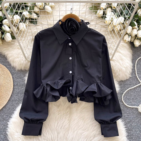 3D Ruffled Loose-fit Shirt with Ribbon