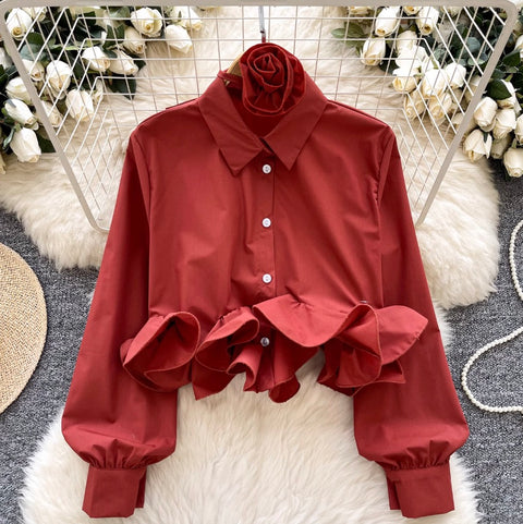 3D Ruffled Loose-fit Shirt with Ribbon