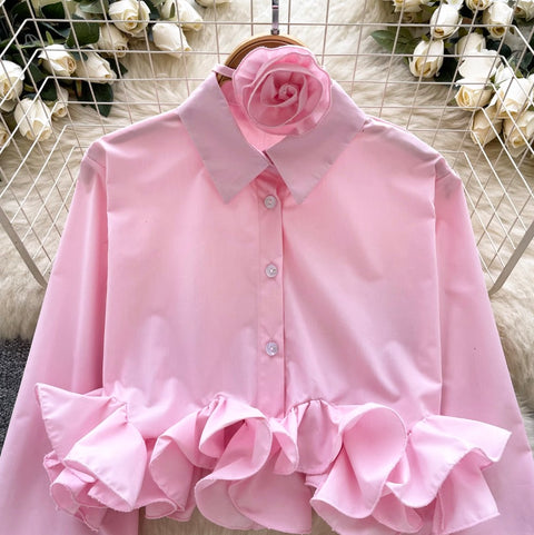 3D Ruffled Loose-fit Shirt with Ribbon