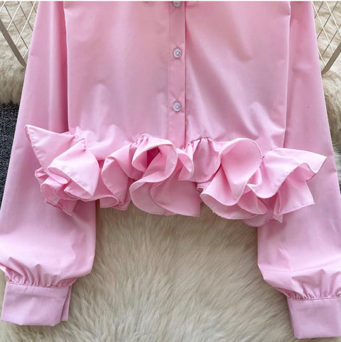 3D Ruffled Loose-fit Shirt with Ribbon