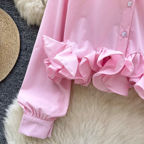 3D Ruffled Loose-fit Shirt with Ribbon