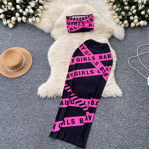 Letter Printed Tank Top & Skirt 2Pcs