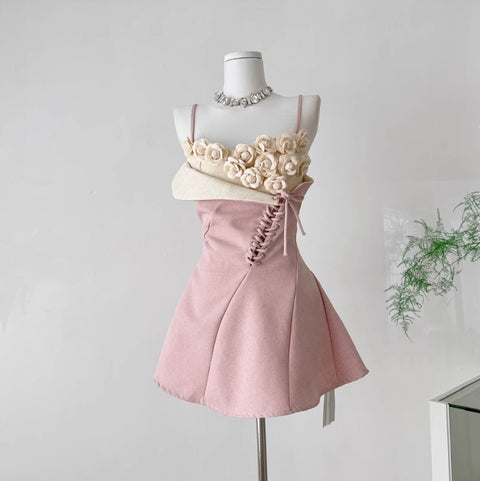 3d Floral Patchwork Pink Slip Dress