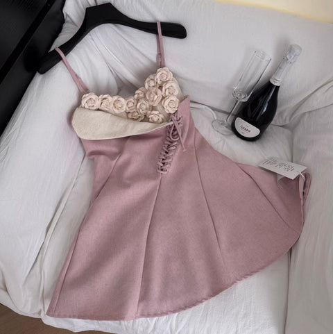 3d Floral Patchwork Pink Slip Dress