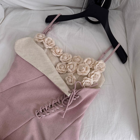 3d Floral Patchwork Pink Slip Dress