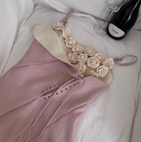 3d Floral Patchwork Pink Slip Dress