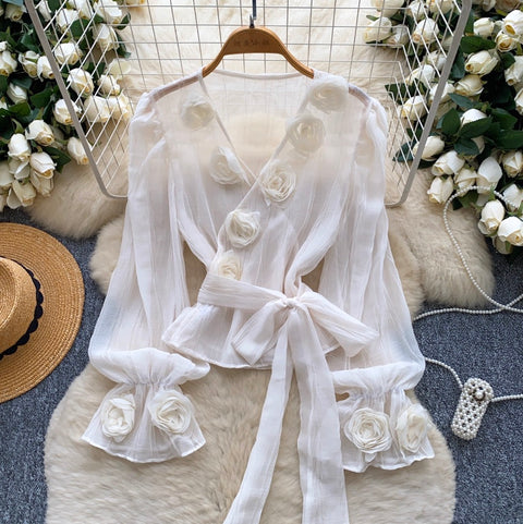 V-neck Flared Sleeve Mesh Shirt