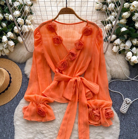 V-neck Flared Sleeve Mesh Shirt