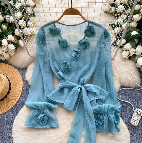 V-neck Flared Sleeve Mesh Shirt